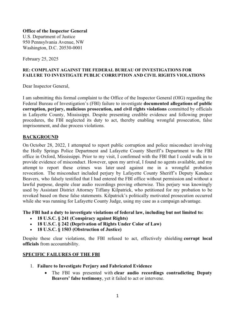 Major Complaint filed with Office of Inspector General