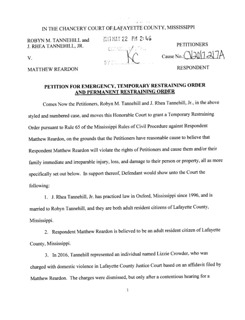 Rhea and Robyn Tannehill Petition for Restraining Order against Matthew Reardon 5-22-2017