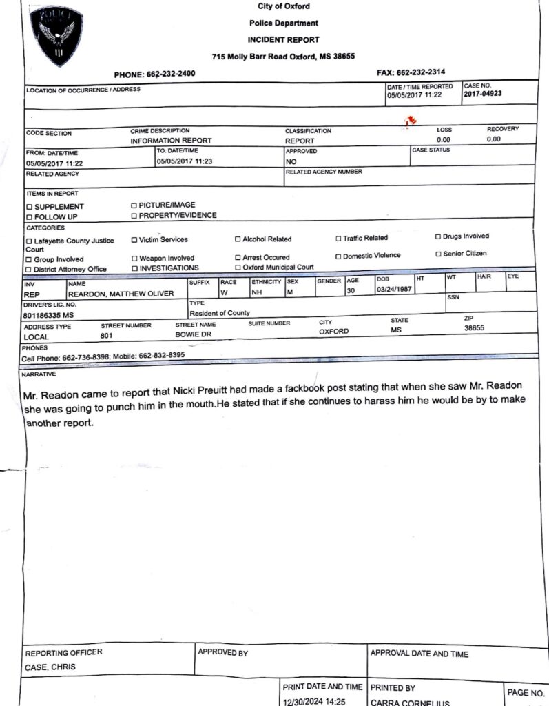 May 5, 2017 OPD Report- Reardon files report on Nikki Pruitt