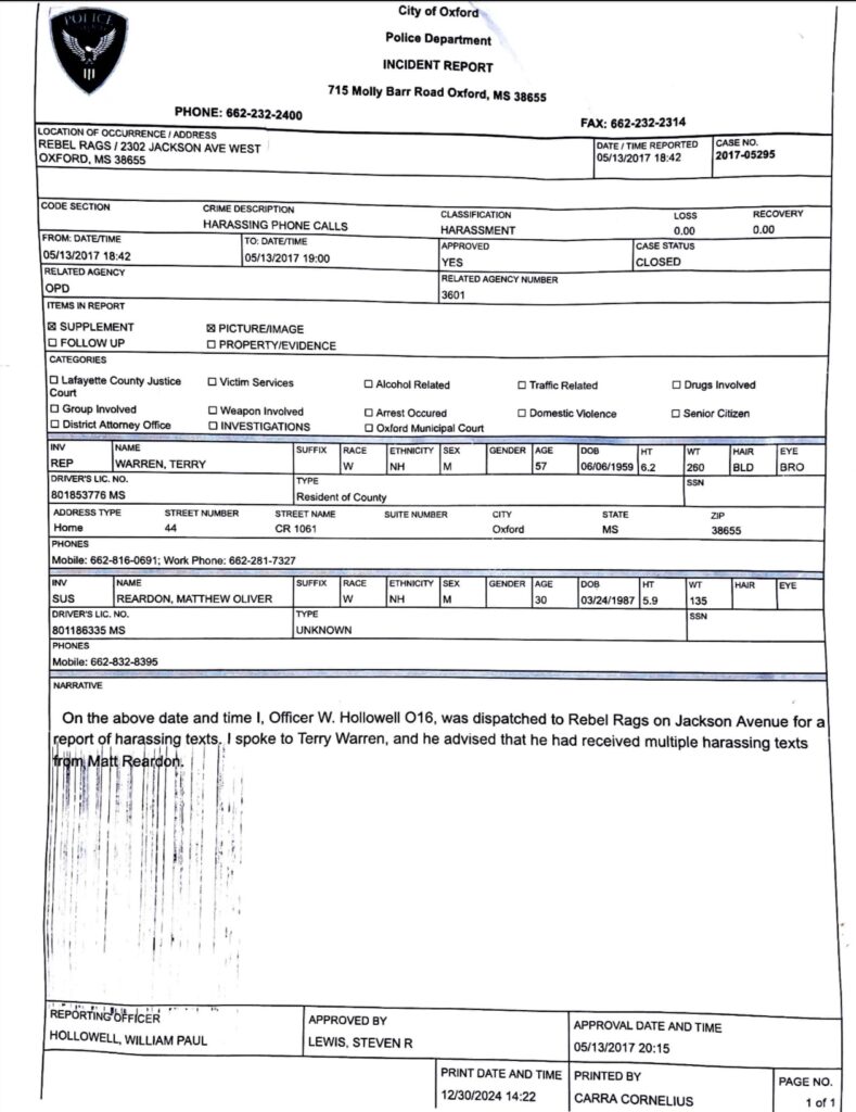 May 13, 2017 OPD Report- Terry Warren reports Harassing Text