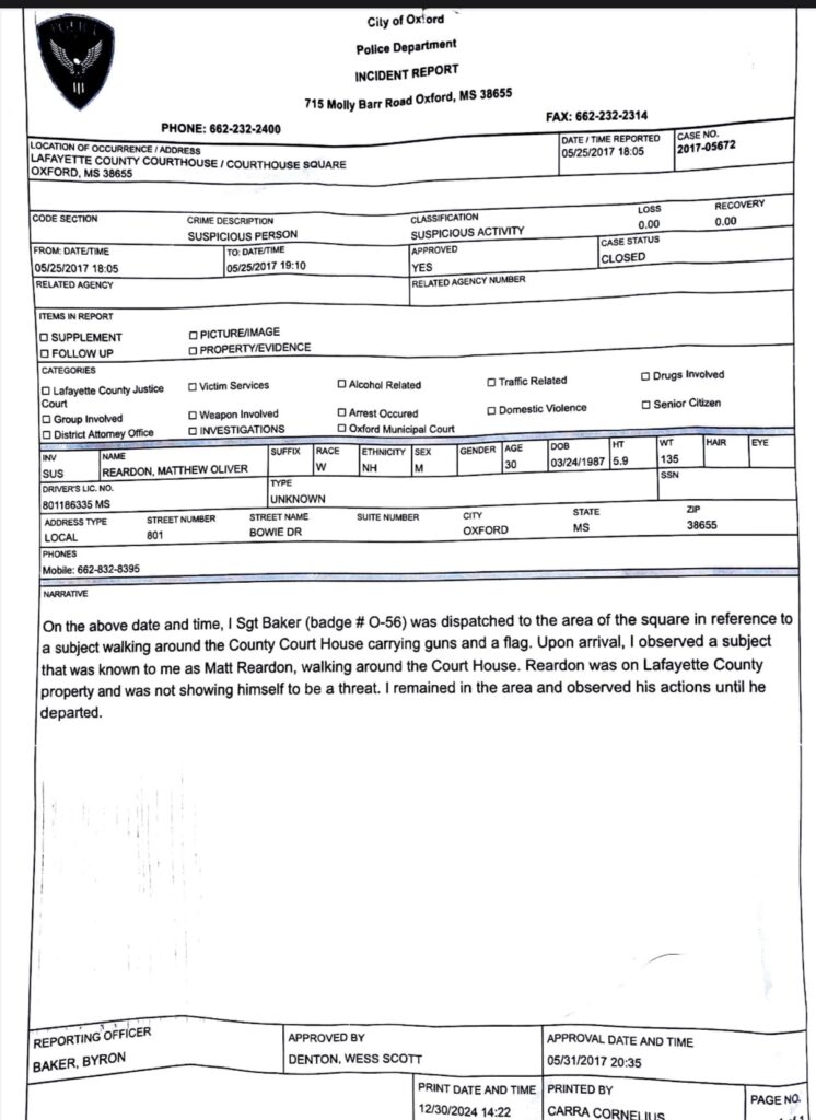May 25, 2017 OPD Report by Baker- Reardon not a threat